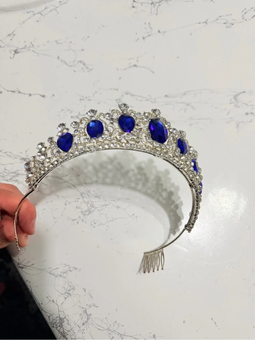 Silver Tiara Headband with Blue Gem Accents